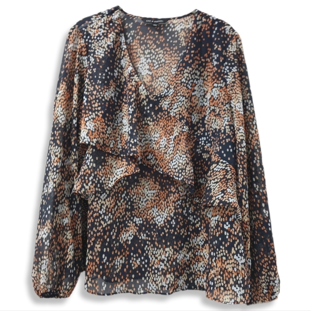 Zac & Rachel Navy Multicolor Polka Dot Long Sleeve  V Neck Blouse, Semi Sheer, L